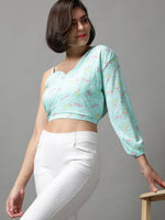 Women's Green Printed Crop Top-AE-10405-Seagreen