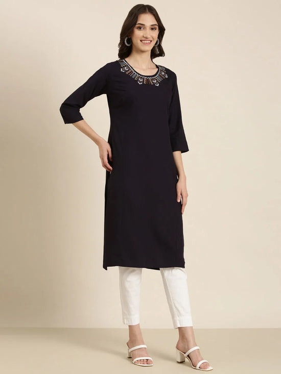 Women Navy Blue Solid Straight Kurta-DF-1562-Navyblue