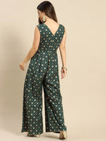 Overlap neck pleated jumpsuit in Bottle Green