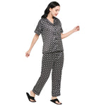 Smarty Pants Women's Silk Satin Black & White Color Geometric Printed Night Suit