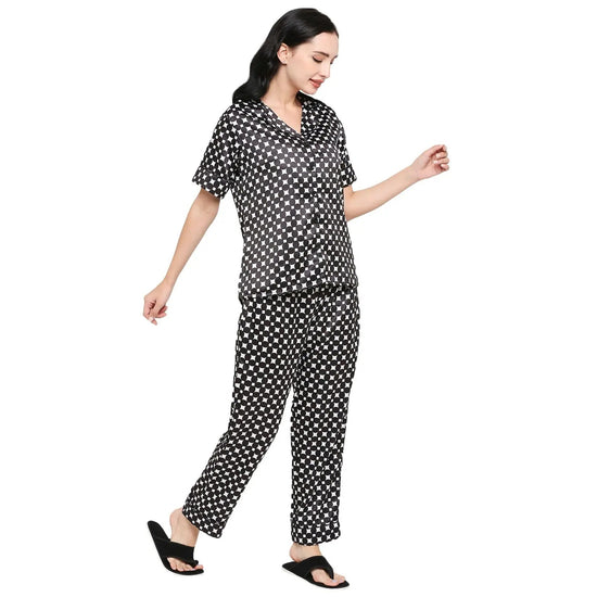 Smarty Pants Women's Silk Satin Black & White Color Geometric Printed Night Suit