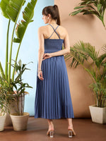 Women Blue Strappy Pleated Maxi Dress