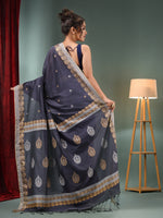 Dark Grey Cotton Handwoven Saree With Woven Designs-MA50CT061410090