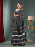 Charcoal Cotton Blend Handwoven Saree With Zari Border-MA50BCT40500134