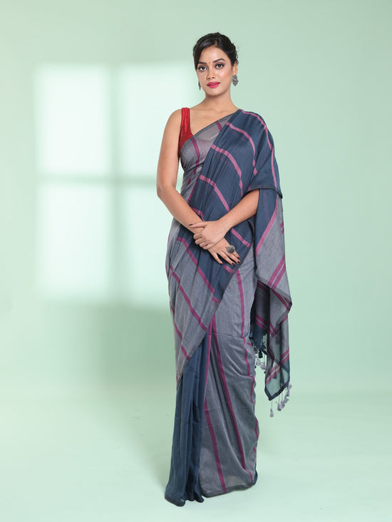 Dark Grey Patli Pallu Cotton Saree With Stripes Design-MA59CT06540017