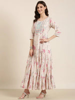 Women Beige Floral Anarkali Kurta-UB-007-Beige