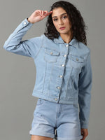 Women's Blue Solid Denim Jacket-LT-JKT-105372-1-Blue