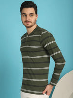 Venitian Men Striped Polo Neck Full Sleeves Olive T-Shirt Wih Pocket