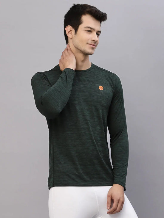 Rigo Bottle Green Self Texture Round Neck Full Sleeve Activewear T-Shirt