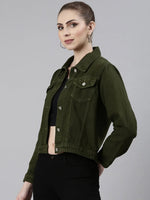 Women Olive Solid Denim Jacket-GZ-5598-Olive