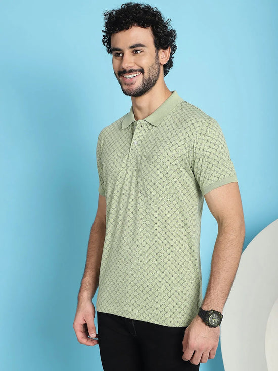 Venitian Men All Over Printed Polo Neck Mint Cotton T-Shirt With Pocket