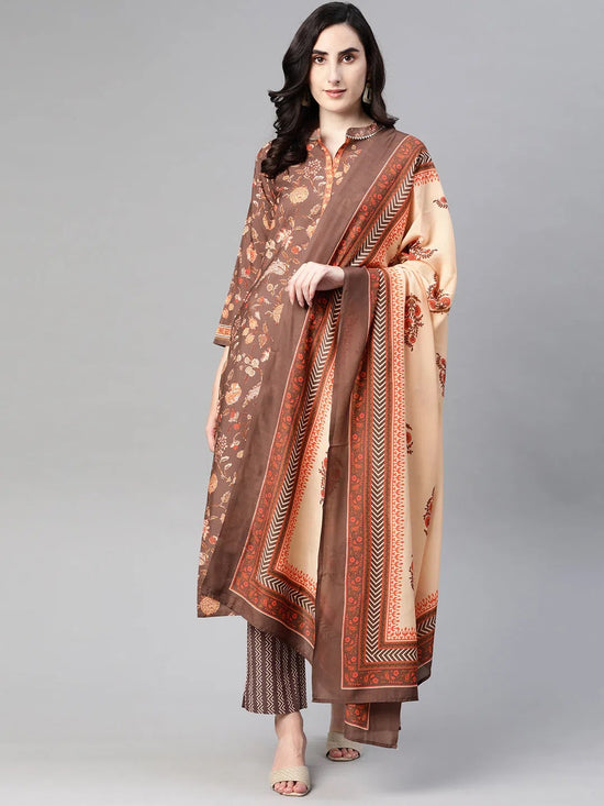 Ahika Women Crepe Brown Ethnic Motifs Printed Straight Kurta Trousers And Dupatta Set