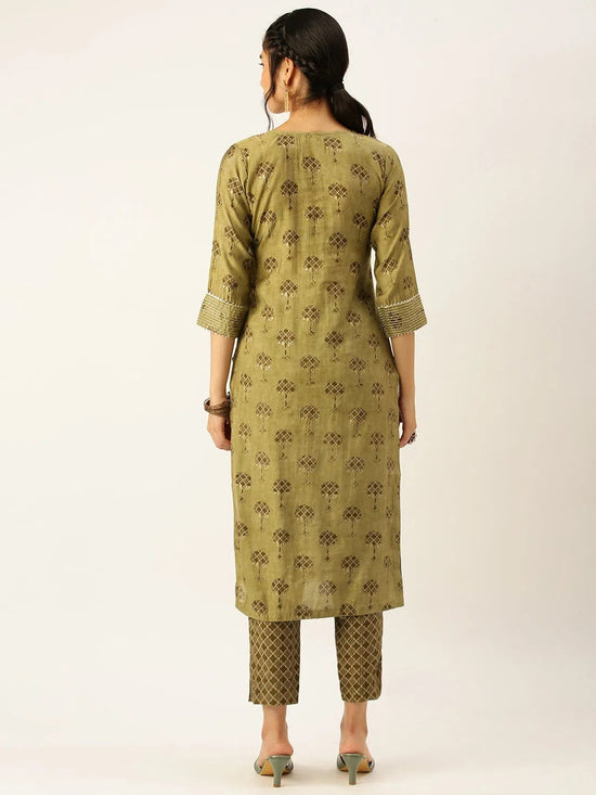 Women's Green Printed Kurta Sets-AT-A348-KP-Olive