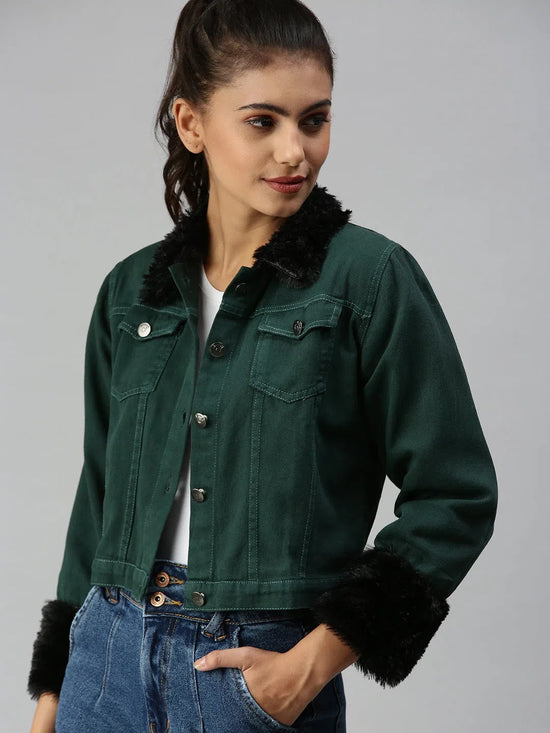 Women's Green Solid Denim Jacket Jackets-AE-999155-Greenblack