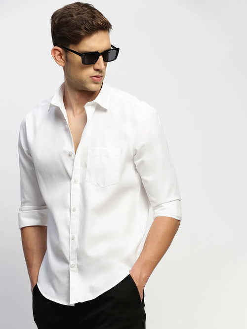 Men White Solid Shirt-RAYMONDSDOBBY-263-White