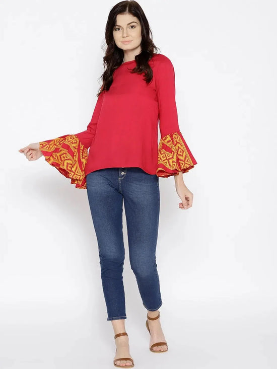 Ikat Printed bell sleeve boat neck top in Red