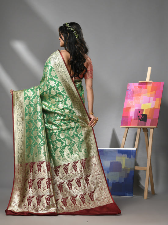 Green Silk Banarasi Saree With Zari Woven Designs-MA52BSL441050050