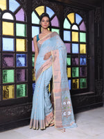 Sky Blue Cotton Saree With Zari Borders-MA64BCT401190046