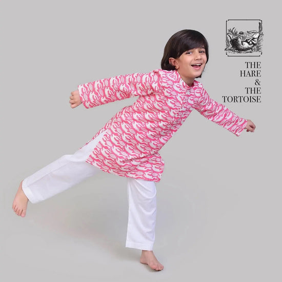 Collar Full Sleeved Cotton Kurta & Pajama Set For Boys With The Hare & The Tortoise Print