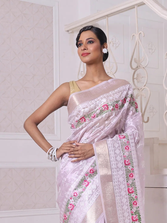 All Over Thread Embroidery Lavender Tissue Saree With Zari Borders-MA64TIS461600008