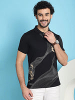 Venitian Men All Over Printed Black Cotton Polo Neck T-Shirt