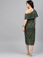 One Shoulder yoke overlap printed dress in Bottle Green