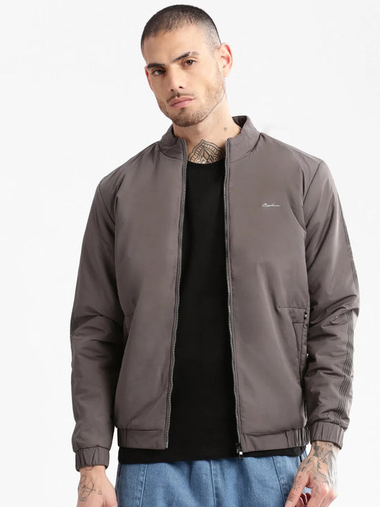 Men Mock Collar Grey Solid Bomber Jacket-ZD-3604-Grey