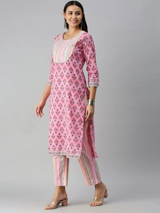 Women's Pink Striped Kurta Sets-SS-383-Pinkmulti