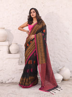 Black Pure Cotton Saree With Temple Border-MA54CT33550079