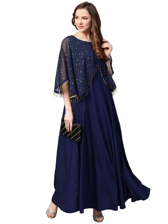 Ahalyaa Women'S Navy Blue Crepe Flared Dress