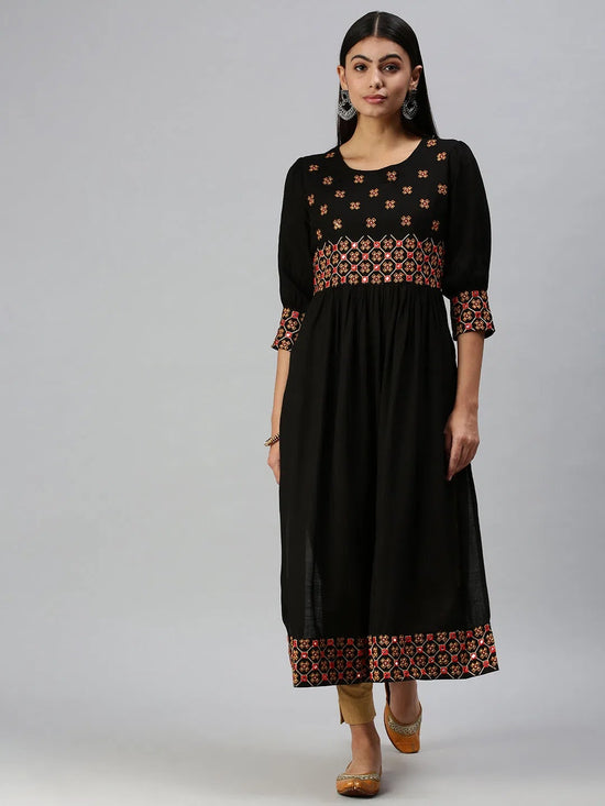 Women's Black Embroidered Anarkali Kurta-GW2048-Black