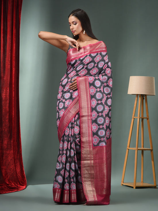 Charcoal Blended Silk Handwoven Ajrakh Print Saree-MA50BSL34830017