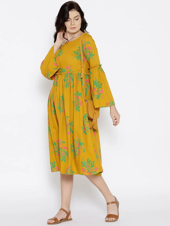 Foral Print Midi Dress with bell sleeve in Mustard