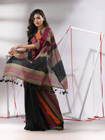 Black Cotton Saree With Multicolor Stripes-MA55CT06560022