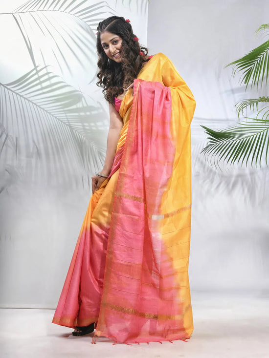 Yellow And Flamingo Pink Silk Saree With Zari Borders-MA56BSL34660011