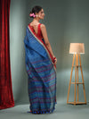 Sapphire Blue Silk Linen Handwoven Saree With Temple Border-MA50SLN061100094