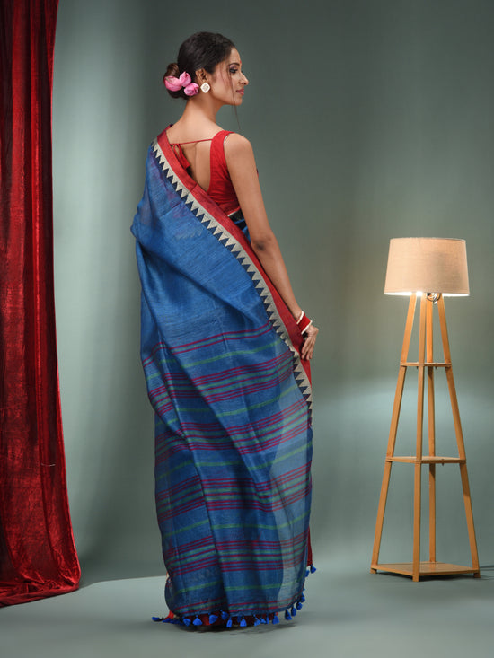 Sapphire Blue Silk Linen Handwoven Saree With Temple Border-MA50SLN061100094