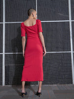 Women Red Side Slit V-Neck Rib Midi Dress