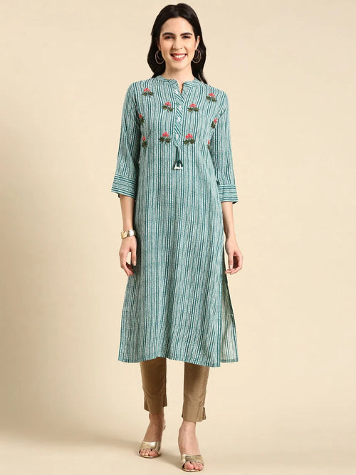 Women's Teal Printed Straight Kurta-AT-A562-K-Teal