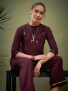 Women Burgundy Rayon Mirror Embroidered Shirt With Palazzos