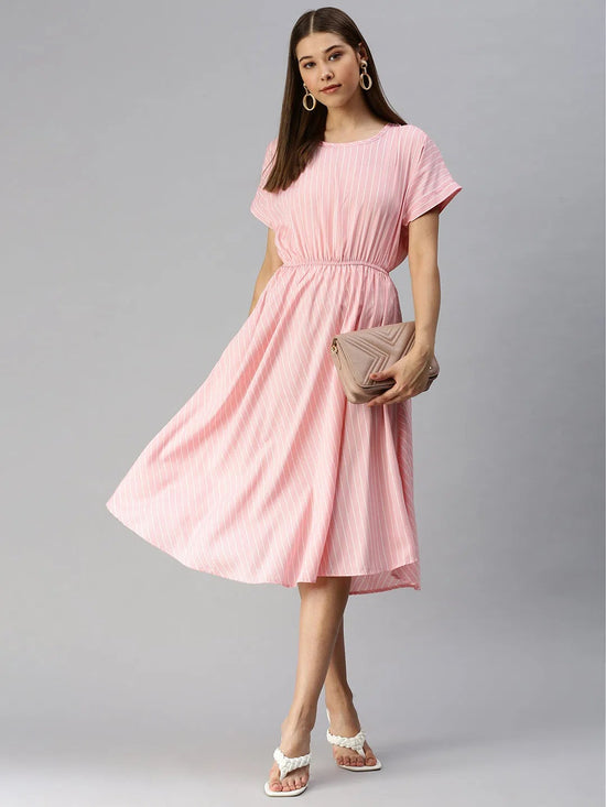 Women Peach Striped A-Line Dress-AE-9873-Peachwhite