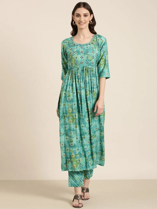 Women Teal Floral Kurta Set-SKC-1209-Teal