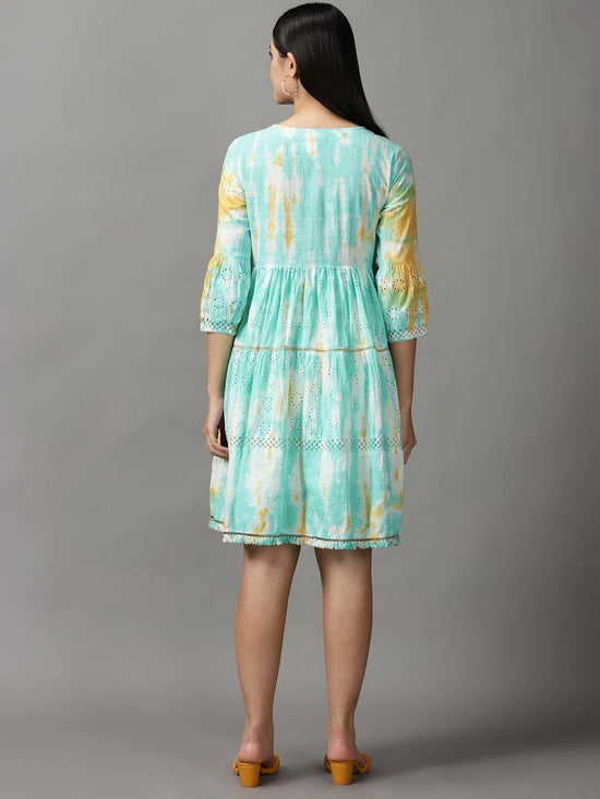 Women's Green Tie Dye Fit and Flare Dress-GW-3286-Seagreen