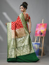 Red And Green Katan Silk Banarasi Patli Pallu Saree With Ethnic Motifs And Zari Woven Designs-MA52KA441380067