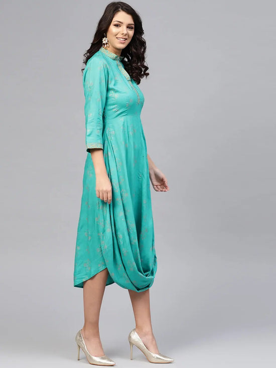 Front Cowl chinese collar printed dress in Mint Blue