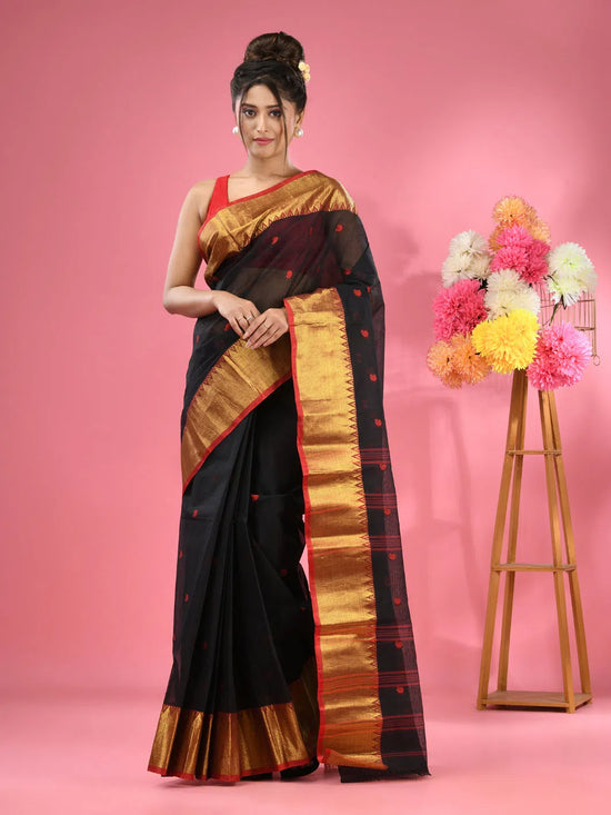 Black Pure Cotton Tant Saree With Zari Border-MA51TT43540047