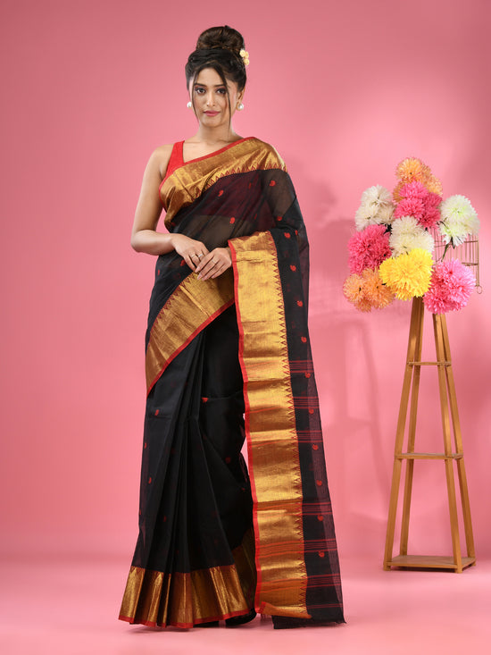 Black Pure Cotton Tant Saree With Zari Border-MA51TT43540047