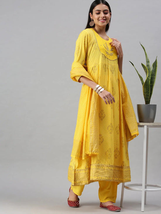 Women's Yellow Printed Kurta Sets-SG03-Yellow