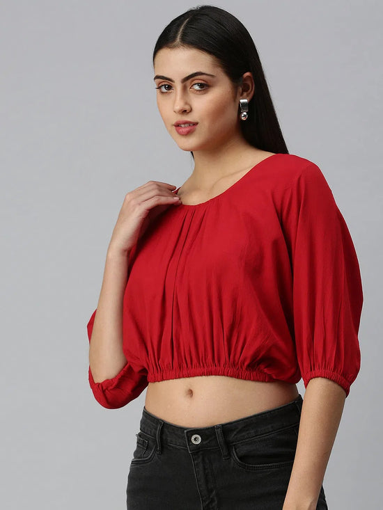 Women's Solid Red Top-AE-10209-Red