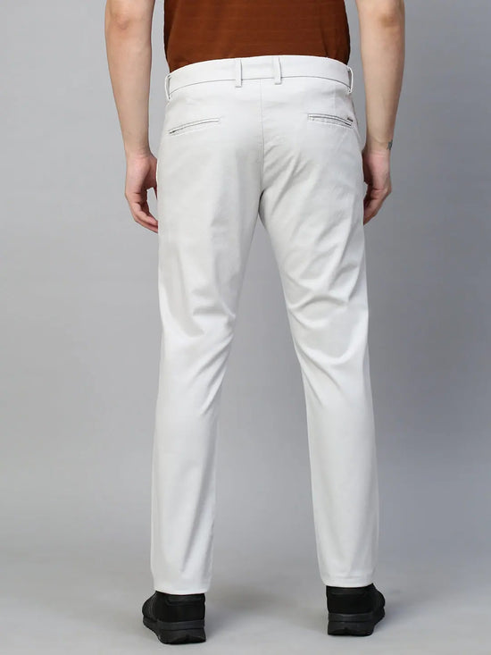 Genips Men's Off White Cotton Stretch Caribbean Slim Fit Solid Trousers Blue